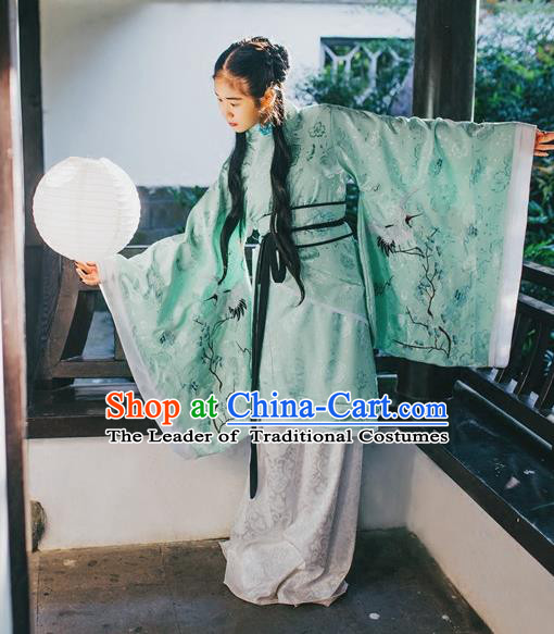 Traditional Chinese Han Dynasty Young Lady Embroidery Cranes Costume, Elegant Hanfu Curve Bottom Chinese Ancient Princess Dress Clothing