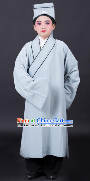 Traditional China Beijing Opera Niche Costume Scholar Grey Robe and Headwear, Ancient Chinese Peking Opera Young Men Clothing for Kids