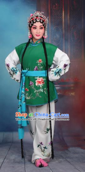 Top Grade Professional Beijing Opera Young Lady Costume Mui Tsai Deep Green Embroidered Vest Clothing, Traditional Ancient Chinese Peking Opera Maidservants Embroidery Clothing