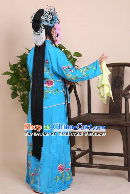 Top Grade Professional Beijing Opera Mui Tsai Costume Blue Embroidered Clothing, Traditional Ancient Chinese Peking Opera Maidservants Embroidery Clothing for Kids