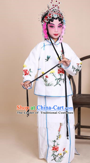 Top Grade Professional Beijing Opera Mui Tsai Costume White Embroidered Clothing, Traditional Ancient Chinese Peking Opera Maidservants Embroidery Clothing for Kids