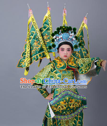 Traditional China Beijing Opera Takefu General Costume and Headwear Complete Set, Ancient Chinese Peking Opera Wu-Sheng Military Officer Embroidery Green Clothing for Kids