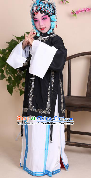 Top Grade Professional China Beijing Opera Costume Black Embroidered Dress, Ancient Chinese Peking Opera Diva Hua Tan Embroidery Phoenix Clothing for Kids