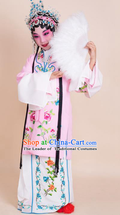 Top Grade Professional China Beijing Opera Costume Pink Embroidered Cape, Ancient Chinese Peking Opera Diva Hua Tan Embroidery Dress Clothing for Kids