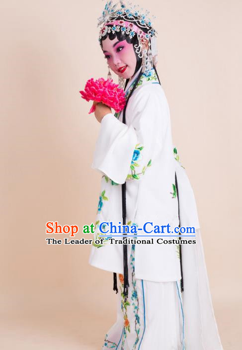 Top Grade Professional China Beijing Opera Costume White Embroidered Cape, Ancient Chinese Peking Opera Diva Hua Tan Embroidery Dress Clothing for Kids