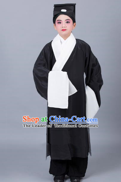 Top Grade Professional Beijing Opera Niche Costume Scholar Black Robe and Headwear, Traditional Ancient Chinese Peking Opera Embroidery Clothing for Kids