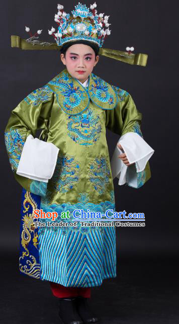 Traditional China Beijing Opera Costume Emperor Embroidered Green Robe and Headwear, Ancient Chinese Peking Opera Embroidery Dragon Gwanbok Clothing for Kids