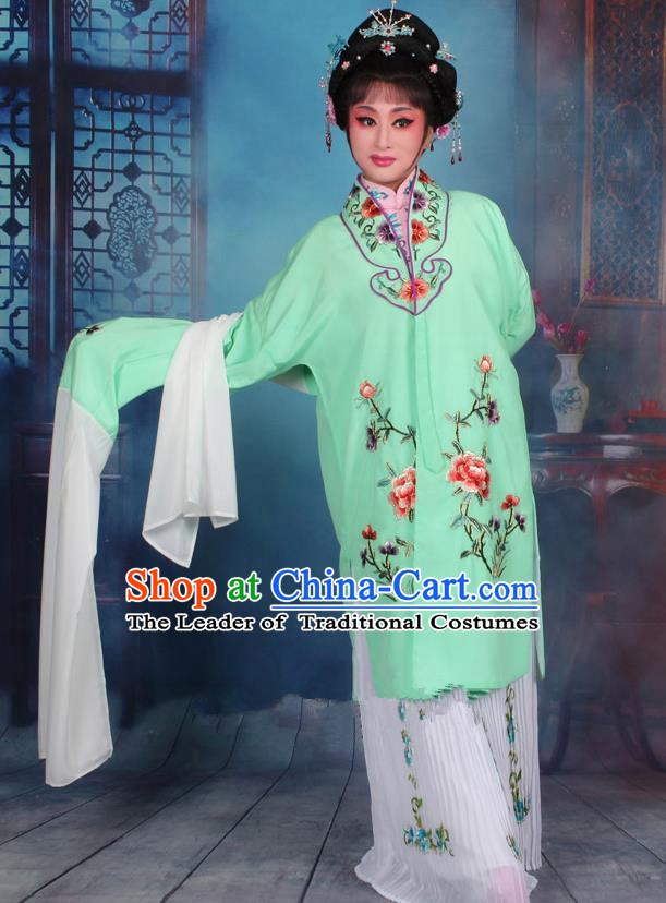 Top Grade Professional Beijing Opera Palace Lady Costume Hua Tan Green Embroidered Cape Dress, Traditional Ancient Chinese Peking Opera Diva Embroidery Clothing