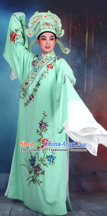 Top Grade Professional Beijing Opera Niche Costume Gifted Scholar Green Embroidered Robe, Traditional Ancient Chinese Peking Opera Embroidery Clothing