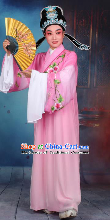 Top Grade Professional Beijing Opera Gifted Scholar Costume Niche Embroidered Pink Robe and Headwear, Traditional Ancient Chinese Peking Opera Embroidery Clothing