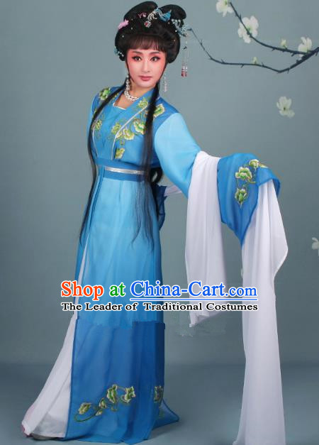 Top Grade Professional Beijing Opera Diva Costume Hua Tan Water Sleeve Embroidered Blue Dress, Traditional Ancient Chinese Peking Opera Princess Embroidery Clothing