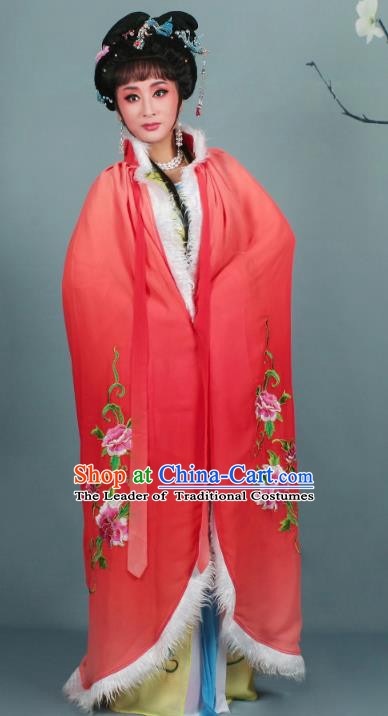 Top Grade Professional Beijing Opera Diva Costume Rosy Embroidered Cloak, Traditional Ancient Chinese Peking Opera Hua Tan Princess Embroidery Mantle