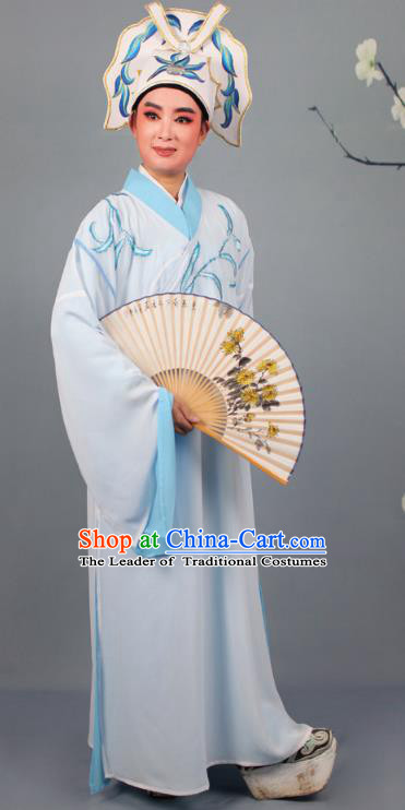China Beijing Opera Niche Costume Gifted Scholar Embroidered Blue Robe and Headwear, Traditional Ancient Chinese Peking Opera Embroidery Clothing