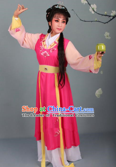 Top Grade Professional Beijing Opera Young Lady Diva Costume Handmaiden Rosy Embroidered Dress, Traditional Ancient Chinese Peking Opera Maidservants Embroidery Clothing
