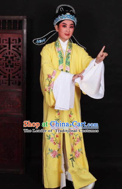 Top Grade Professional Beijing Opera Niche Costume Scholar Yellow Embroidered Robe and Shoes, Traditional Ancient Chinese Peking Opera Young Men Embroidery Peony Cape Clothing