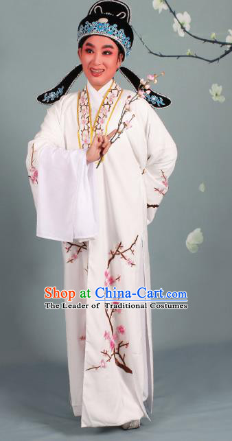 Top Grade Professional Beijing Opera Niche Costume Scholar White Embroidered Robe and Shoes, Traditional Ancient Chinese Peking Opera Young Men Embroidery Plum Blossom Cape Clothing