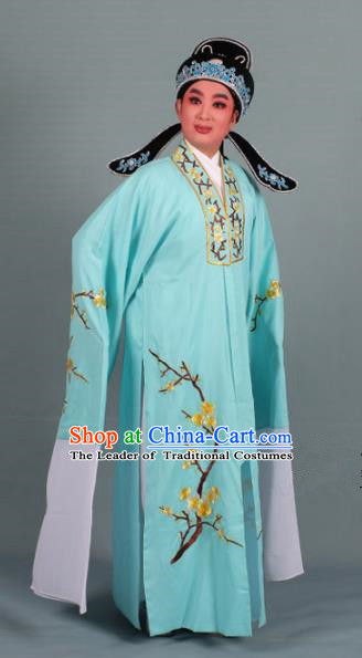 Top Grade Professional Beijing Opera Niche Costume Scholar Green Embroidered Robe and Shoes, Traditional Ancient Chinese Peking Opera Young Men Embroidery Plum Blossom Cape Clothing