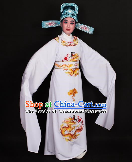 Top Grade Professional Beijing Opera Niche Costume Lang Scholar White Embroidered Robe and Hat, Traditional Ancient Chinese Peking Opera Young Men Embroidery Dragons Clothing