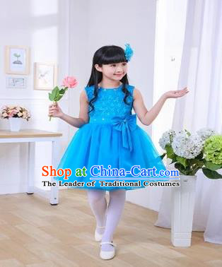 Top Grade Chinese Professional Performance Chorus Catwalks Costume, Children Blue Veil Bubble Full Dress Modern Dance Dress for Girls Kids