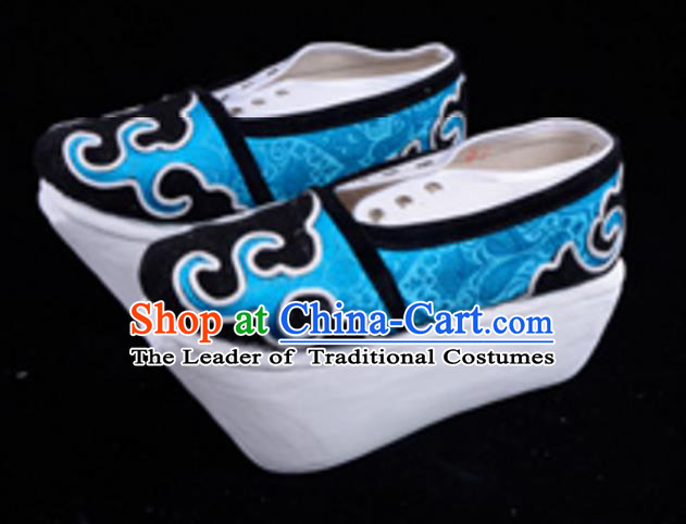 Top Grade Professional Beijing Opera Niche Blue Shoes, Traditional Ancient Chinese Peking Opera Young Men Flange Shoes