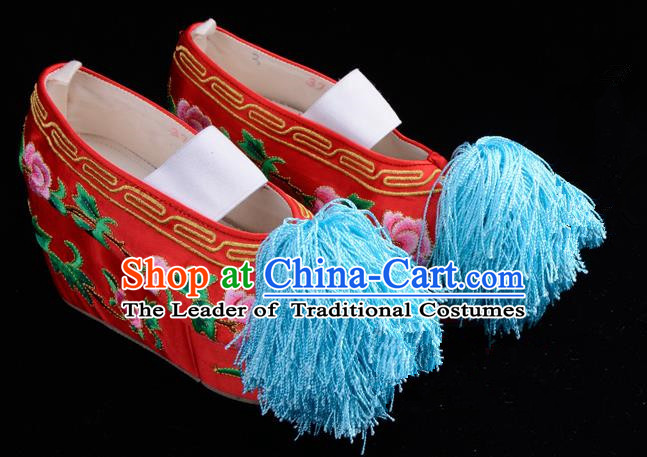 Top Grade Professional Beijing Opera Hua Tan Embroidered Red Shoes, Traditional Ancient Chinese Peking Opera Diva Princess Blood Stained Shoes