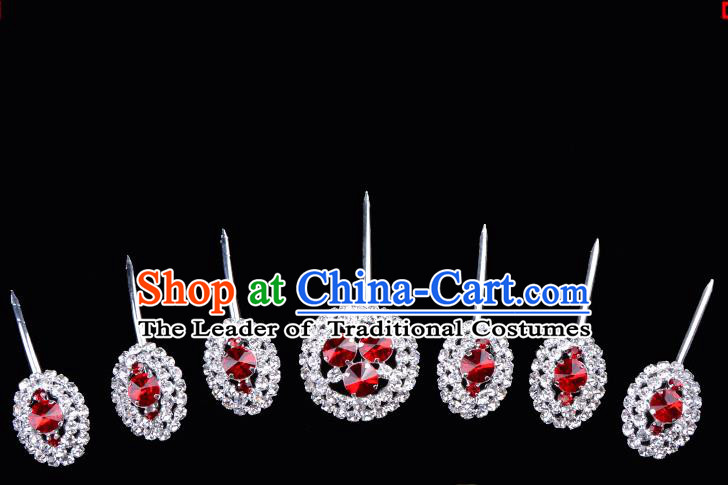 Top Grade Professional Beijing Opera Diva Red Crystal Hair Accessories Complete Set, Traditional Ancient Chinese Peking Opera Hua Tan Hairpins Headwear