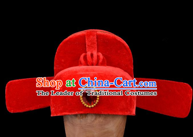 Top Grade Professional Beijing Opera Niche Costume Official Red Hat Headwear, Traditional Ancient Chinese Peking Opera Young Men Headpiece Black Gauze Cap