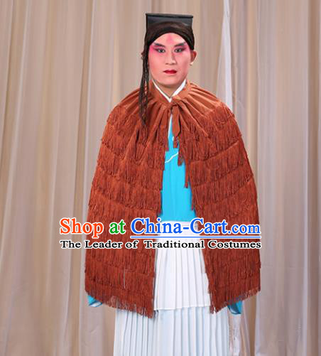 Traditional China Beijing Opera Master Keung Costume Brown Straw Rain Cape, Ancient Chinese Peking Opera Wu-Sheng Coir Raincoat Clothing