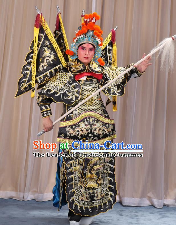 Traditional China Beijing Opera Takefu General Black Costume and Headwear Complete Set, Ancient Chinese Peking Opera Wu-Sheng Military Officer Clothing