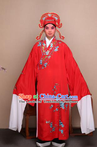 Top Grade Professional Beijing Opera Niche Costume Gifted Scholar Red Embroidered Wintersweet Robe, Traditional Ancient Chinese Peking Opera Embroidery Clothing