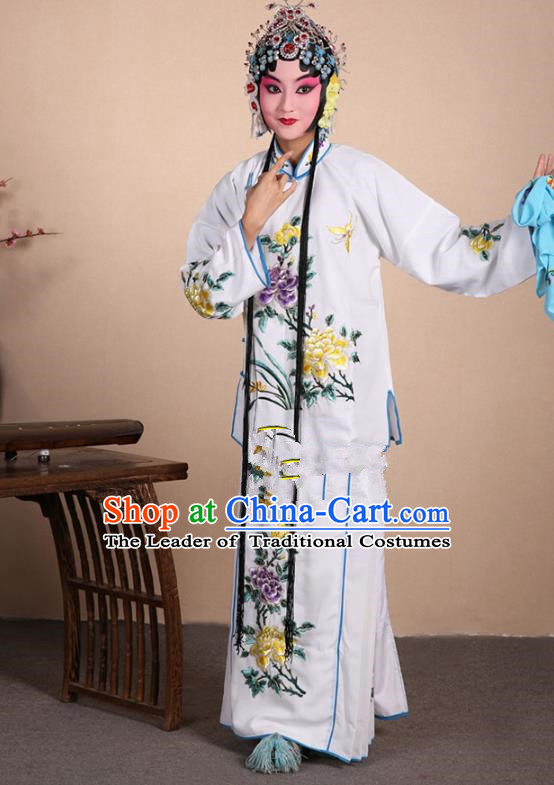Top Grade Professional Beijing Opera Jordan-Sitting Costume Hua Tan White Embroidered Dress, Traditional Ancient Chinese Peking Opera Maidservants Embroidery Clothing