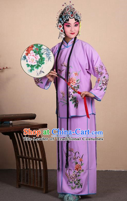 Top Grade Professional Beijing Opera Jordan-Sitting Costume Hua Tan Purple Embroidered Dress, Traditional Ancient Chinese Peking Opera Maidservants Embroidery Clothing