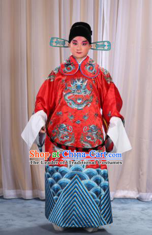 Top Grade Professional Beijing Opera Emperor Costume Red Embroidered Robe and Shoes, Traditional Ancient Chinese Peking Opera Royal Highness Gwanbok Clothing