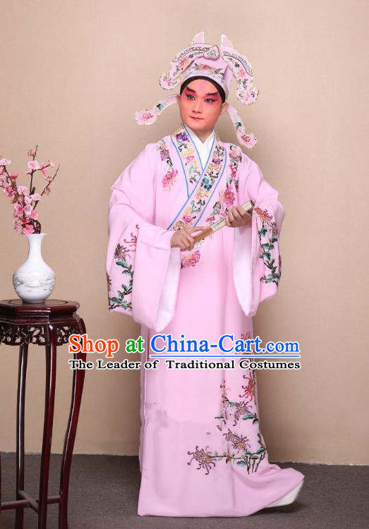 Top Grade Professional Beijing Opera Niche Costume Gifted Scholar Pink Embroidered Chrysanthemum Robe, Traditional Ancient Chinese Peking Opera Embroidery Clothing