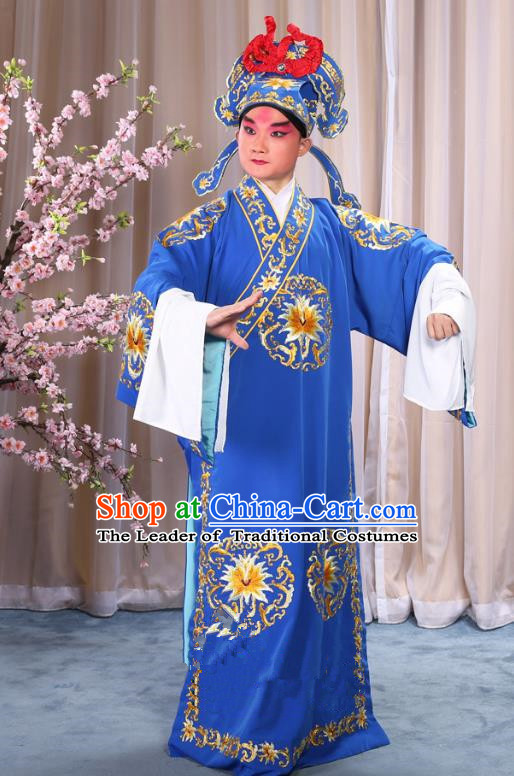 China Beijing Opera Niche Costume General Blue Embroidered Robe and Headwear, Traditional Ancient Chinese Peking Opera Embroidery Military Officer Gwanbok Clothing