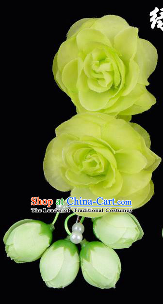 Traditional China Beijing Opera Hua Tan Green Flowers Hair Accessories Hairpin, Ancient Chinese Peking Opera Women Hairpins Diva Temple Kanzashi Headwear