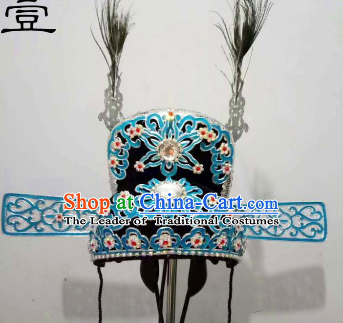 Traditional Handmade Chinese Classical Peking Opera Young Men Hat Blue Tuinga, China Beijing Opera Prince Lang Scholar Headpiece Headwear