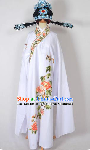 Traditional Chinese Professional Peking Opera Young Men Share-Win Costume and Hat Complete Set, China Beijing Opera Lang Scholar Embroidery Peony White Long Robe Clothing