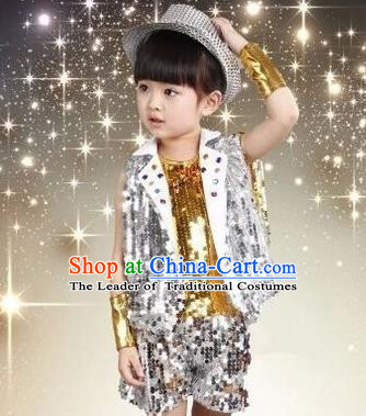 Top Grade Chinese Professional Performance Catwalks Costume, China Jazz Dance Modern Dance Golden Paillette Uniform for Kids