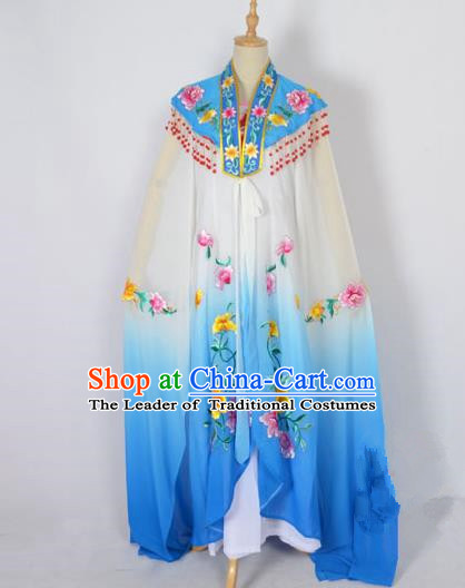 Traditional Chinese Professional Peking Opera Shaoxing Opera Costume Embroidery Blue Cloud Shoulder Mantel, China Beijing Opera Female Diva Clothing Long Water Sleeve Shawl Dress