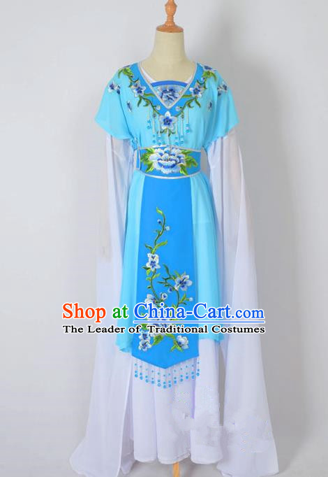 Traditional Chinese Professional Peking Opera Nobility Lady Water Sleeve Costume, China Beijing Opera Shaoxing Opera Royal Princess Embroidery Peony Blue Dress Clothing