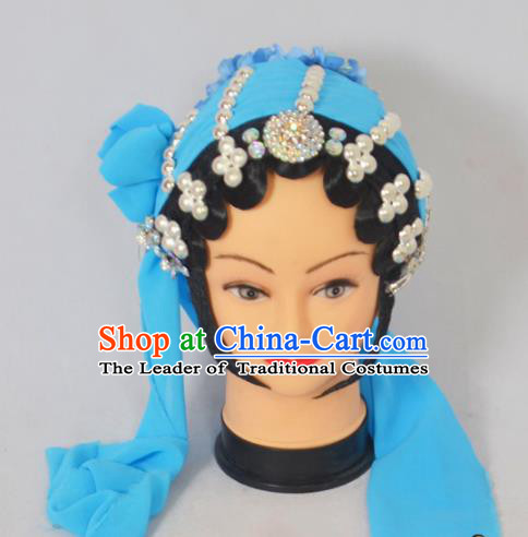 Traditional Handmade Chinese Classical Peking Opera Young Lady Hair Accessories and Wigs, China Beijing Opera Maidservants Diva Green Flower Headwear
