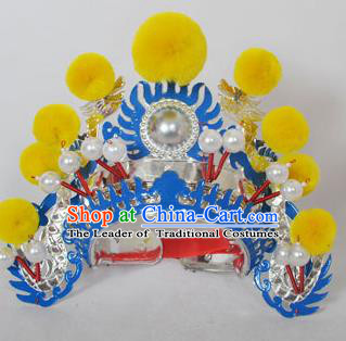 Traditional Handmade Chinese Classical Peking Opera Blues Accessories Yellow Venonat Hat, China Beijing Opera Swordplay Warriors Blue Headwear