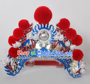 Traditional Handmade Chinese Classical Peking Opera Blues Accessories Red Venonat Hat, China Beijing Opera Swordplay Warriors Blue Headwear
