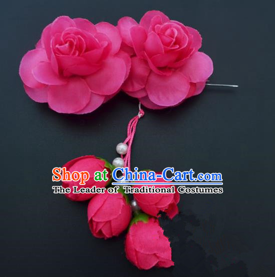 Traditional Handmade Chinese Classical Peking Opera Young Lady Hair Accessories Rosy Temples Flowers, China Beijing Opera Princess Headwear Tassel Hairpins