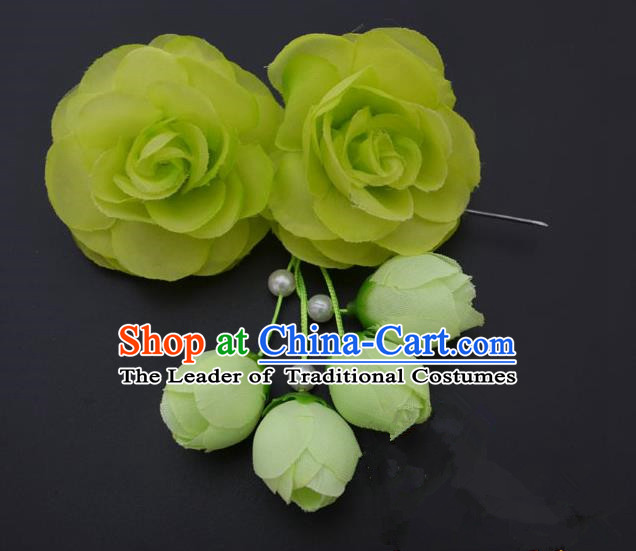 Traditional Handmade Chinese Classical Peking Opera Young Lady Hair Accessories Green Temples Flowers, China Beijing Opera Princess Headwear Tassel Hairpins