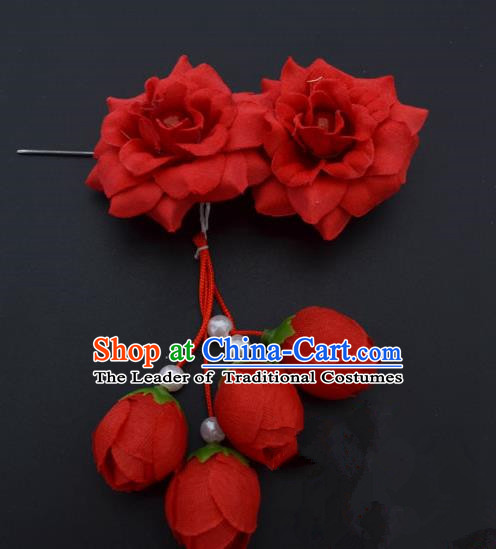 Traditional Handmade Chinese Classical Peking Opera Young Lady Hua Tan Hair Accessories Red Temples Flowers, China Beijing Opera Diva Princess Headwear Tassel Hairpins