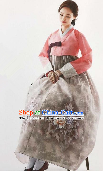 Traditional Korean Handmade Embroidery Bride Hanbok Grey Dress, Top Grade Korea Hanbok Wedding Costume for Women