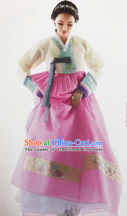 Traditional South Korean Handmade Embroidery Bride Hanbok Pink Full Dress, Top Grade Korea Hanbok Wedding Costume Complete Set for Women
