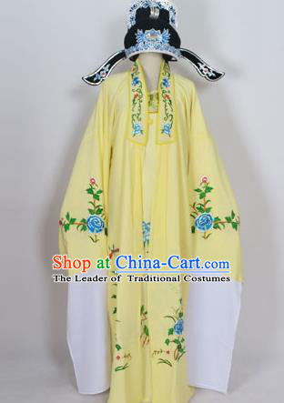 Traditional Chinese Professional Peking Opera Young Men Niche Costume Deep Yellow Embroidery Robe and Hat, China Beijing Opera Nobility Childe Scholar Embroidered Clothing